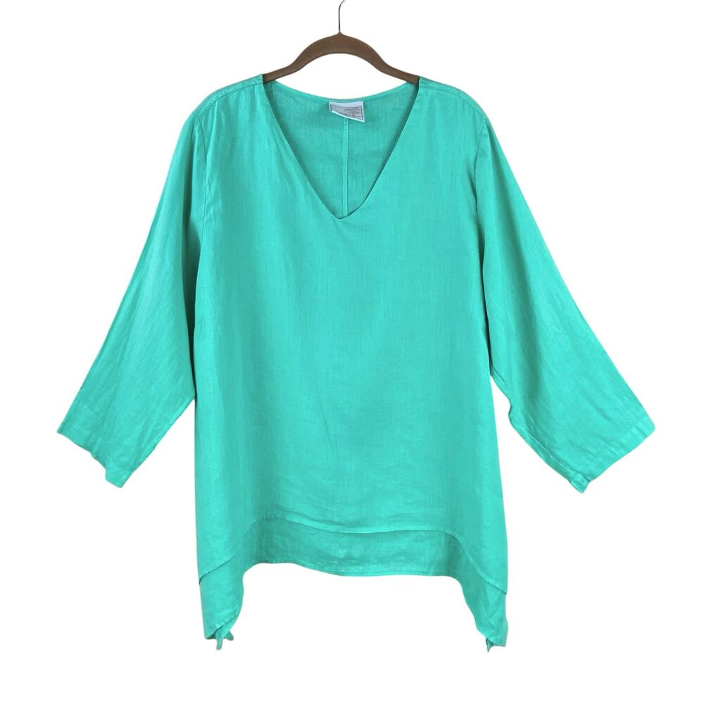 La Fixsun 100% Linen Tunic Top Size L Green Beach Coastal Resort Cruise
